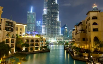 Stock Video Downtown Dubai Lake With Fontaine At Night For PC
