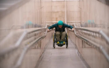 Stock Video Disabled Man Struggling To Go Up The Ramp For PC