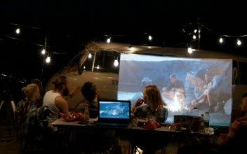 Stock Video Friends Camping Watching A Film On A Projector For PC