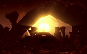 Stock Video Flying Over An Alien Planet With Rock Formations For PC