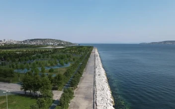 Stock Video Flying Over A Coast With A Park On A Sunny For PC