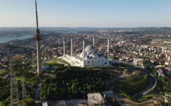 Stock Video Flying Over A Big City With A Mosque For PC