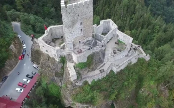 Stock Video Flying Away From The Medieval Castle In The Middle Of For PC