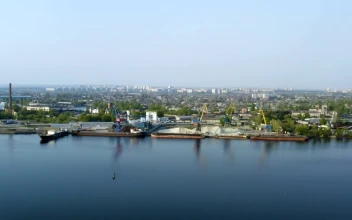 Stock Video Flying Above The Industrial Port With Cranes For PC