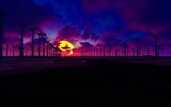 Stock Video Field Of Wind Turbines On A Purple Sunset For PC