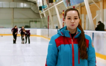 Stock Video Female Curling Player Head On On An Ice Rink For PC