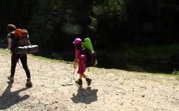 Stock Video Family Hiking Through A Dirt Road For PC