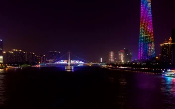 Stock Video Guangzhou Illuminated Cityscape And River Traffic For PC