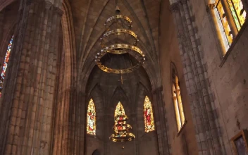 Stock Video Gothic Church Inside With Colorful Stained Glass Windows And A For PC