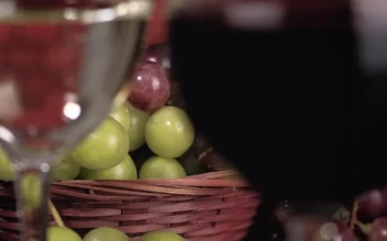 Stock Video Glasses With Red And White Wine With A Basket Of For PC