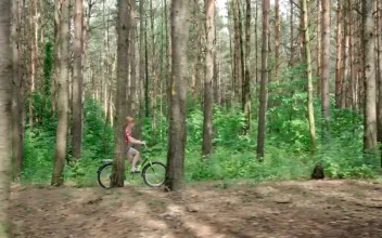 Stock Video Girl Riding A Bicycle Through A Forest For PC