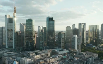 Stock Video Frontal Shot Of The Main Skyscrapers In Frankfurt For PC