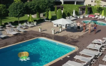 Stock Video Friends Throwing Themselves Into A Swimming Pool For PC