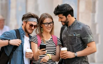 Stock Video Friends Smile At Selfies On Mobile Phone For PC