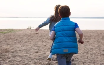 Stock Video Kids Running Towards A Large Lake Animated Wallpaper