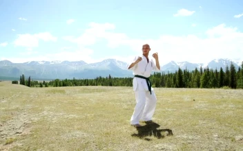 Stock Video Karate Black Belt High Kick With Outdoor Landscape Animated Wallpaper