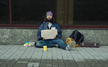 Stock Video Homeless With Cardboard Sign Sitting On The Street Animated Wallpaper