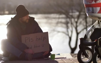 Stock Video Homeless Man On The Street With A Cardboard Sign Animated Wallpaper