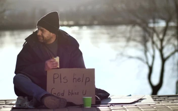 Stock Video Homeless Man Eating And Begging On The Street Animated Wallpaper