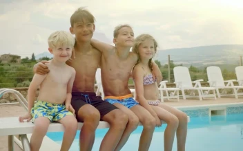 Stock Video Happy Kids Sit On Diving Board Of Pool Posing For Animated Wallpaper