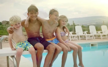 Stock Video Happy Kids Outside The Pool Animated Wallpaper