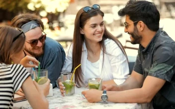 Stock Video Happy Friends Chat While Having Drinks Outdoors Animated Wallpaper