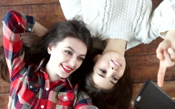 Stock Video Happy Female Friends Taking Selfies On The Floor Animated Wallpaper
