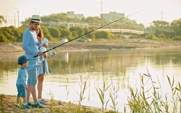 Stock Video Happy Family Fishing On The Shore Of A Lake Animated Wallpaper