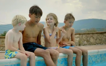 Stock Video Happy Children Talking Sitting On The Edge Of The Pool Animated Wallpaper