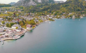 Stock Video Landscape Around A Lake With A City And Mountains Animated Wallpaper