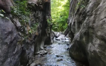 Stock Video Man Hiking In A Stream Between Rocks Animated Wallpaper
