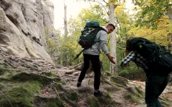 Stock Video Man Helping Woman Up Hill While Hiking Animated Wallpaper
