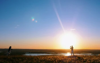 Stock Video Man Flying A Kite And A Girl Running At Sunset Animated Wallpaper