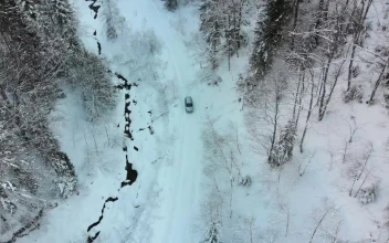 Stock Video Lonely Car Driving On A Snowy Road Animated Wallpaper