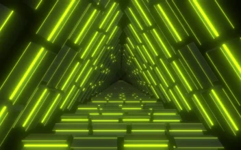 Stock Video Lemon Green Neon Lit Triangular Passageway Tour Animated Wallpaper