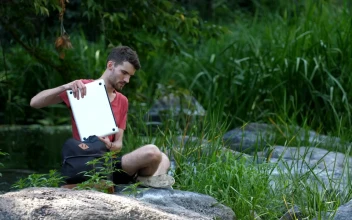 Stock Video Man Using A Laptop By A Strea Animated Wallpaper