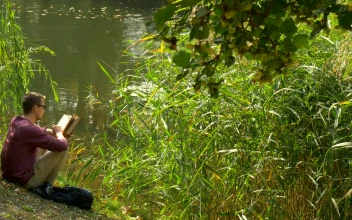 Stock Video Man Reading A Book In The River Shor Animated Wallpaper