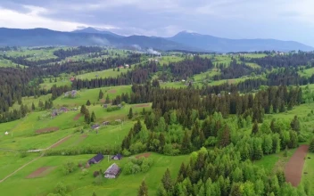 Stock Video Mountain Village In Spring At Cloudy Day