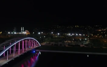 Stock Video Neon Lights Along A Bridge At Night