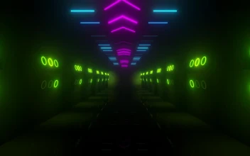 Stock Video Neon Lights In Tunnel Walls With A Gate At The