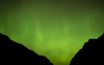 Stock Video Northern Lights Behind Two Mountains