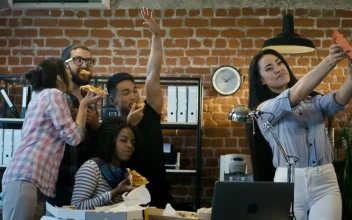 Stock Video Office Team Taking A Selfie Eating Pizza