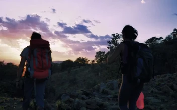 Stock Video Pair Of Mountaineers Leaving Through Nature At Sunset