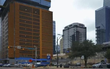 Stock Video Panorama Of A City With Large Buildings From The Street