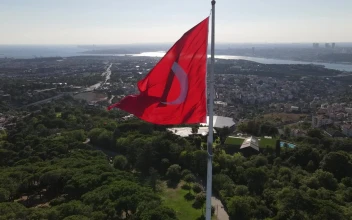Stock Video Panorama Of The City Around A Turkish Flag On Top