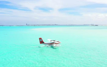 Stock Video Paradise Beach With A Water Plane