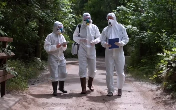 Stock Video People In Biohazard Suits Walking In The Forest
