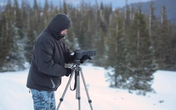 Video Stock Photographer And His Tripod Camera In A Snowy Forest Free