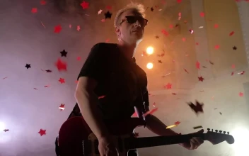 Video Stock Red Confetti Stars Fall On Performing Guitarist Free