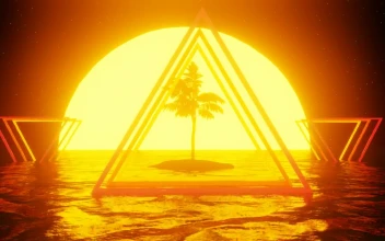 Free Stock Video Redered Vhs Style Triangles Over Palm Island With Sunset